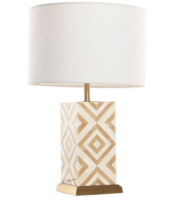 Lámpara de sobremesa de hueso natural, latón dorado y pantalla blanca