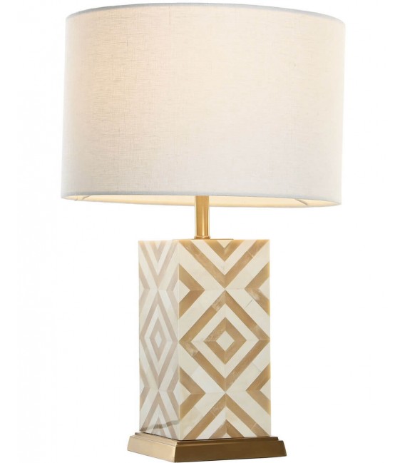 Lámpara de sobremesa de hueso natural, latón dorado y pantalla blanca Mdmhogar