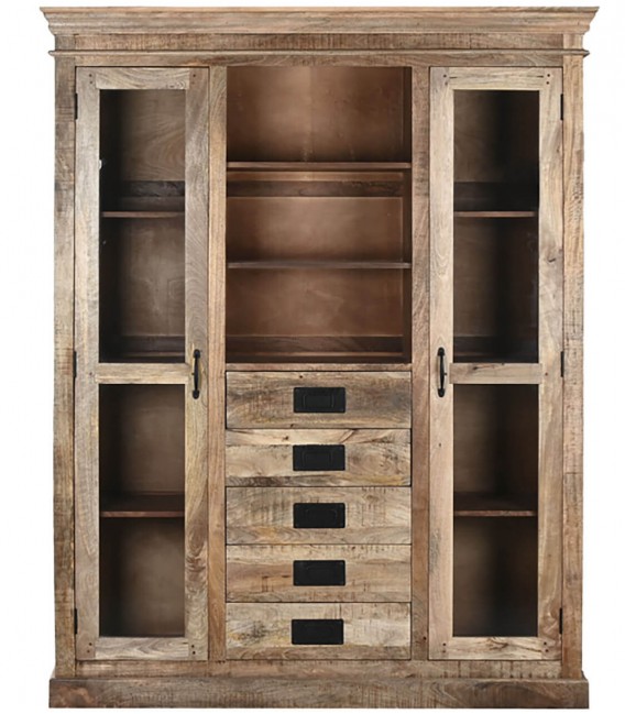 Vitrina grande de madera de mango natural 2 puertas cristal 4 cajones