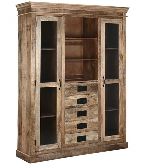 Vitrina grande de madera de mango natural 2 puertas cristal 4 cajones Mdmhogar