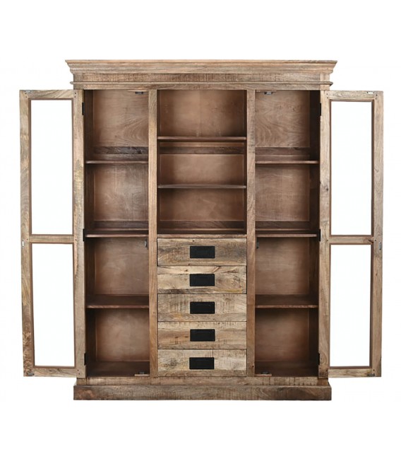 Vitrina grande de madera de mango natural 2 puertas cristal 4 cajones