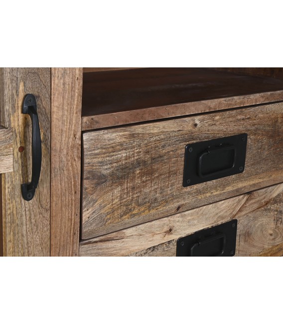 Vitrina grande de madera de mango natural 2 puertas cristal 4 cajones 1