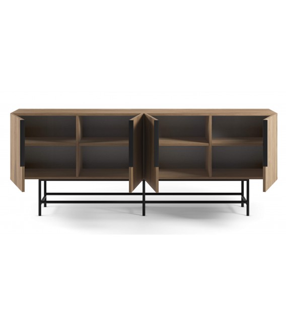 Aparador moderno de melamina nogal y base metálica negra, 4 puertas.2