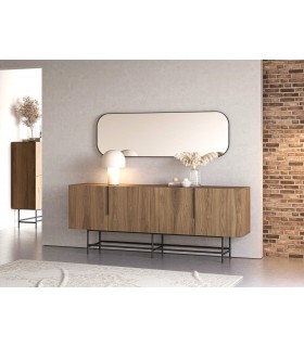 Aparador moderno de melamina nogal y base metálica negra, 4 puertas. Mdmhogar