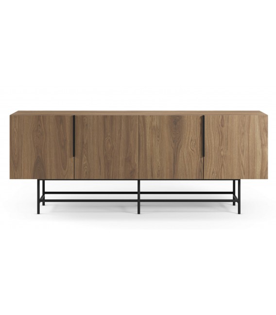 Aparador moderno de melamina nogal y base metálica negra, 4 puertas.1