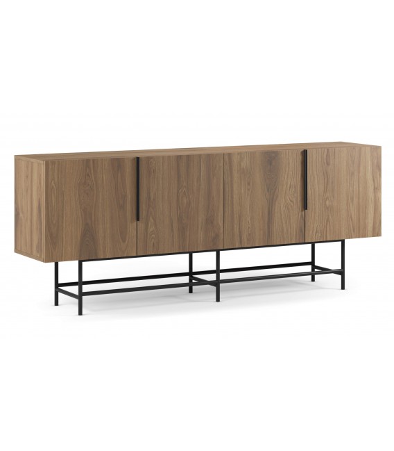 Aparador moderno de melamina nogal y base metálica negra, 4 puertas.