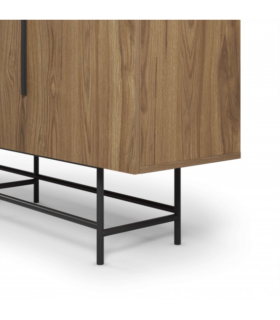 Aparador moderno de melamina nogal y base metálica negra, 4 puertas.3
