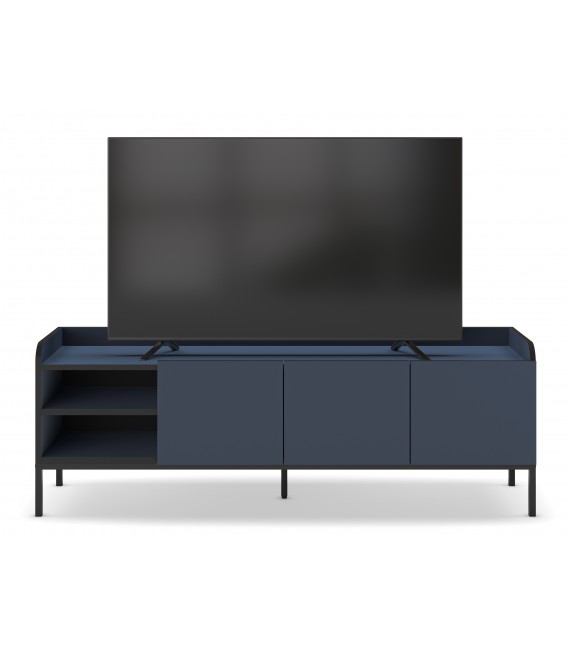 Mueble TV moderno azul y negro con 3 puertas y estantes abiertos.1