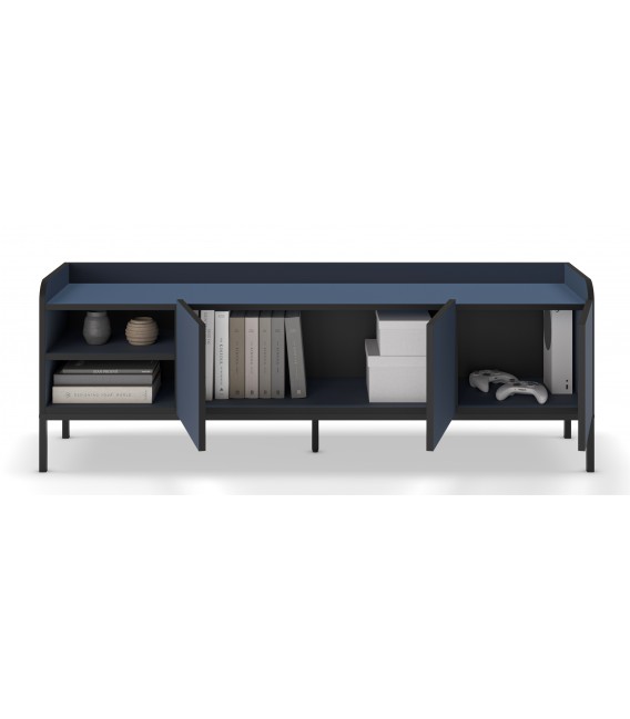 Mueble TV moderno azul y negro con 3 puertas y estantes abiertos.3
