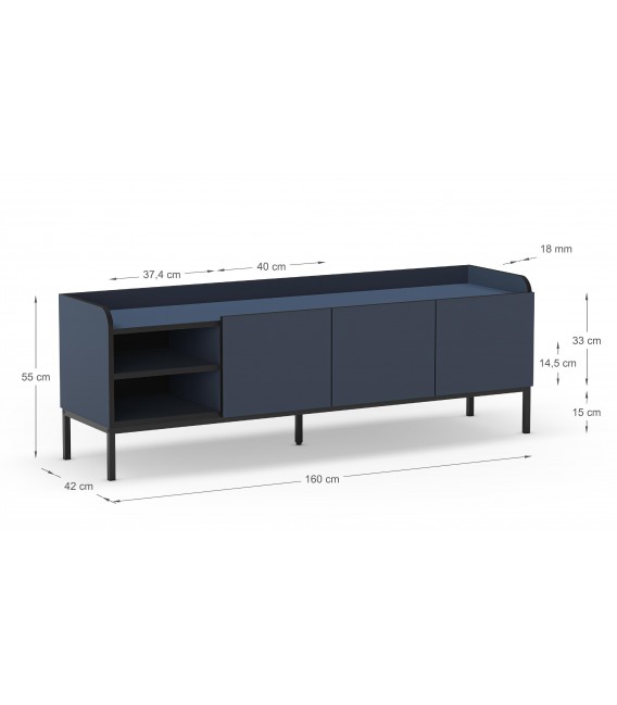 Mueble TV moderno azul y negro con 3 puertas y estantes abiertos.5
