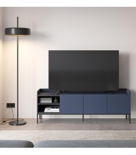 Mueble TV moderno azul y negro con 3 puertas y estantes abiertos. Mdmhogar