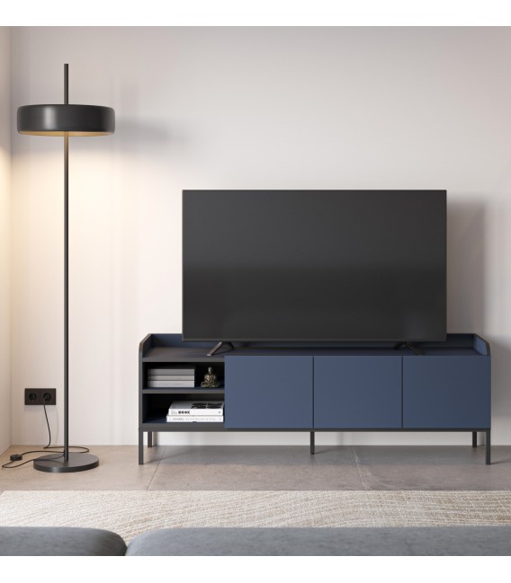 Mueble TV moderno azul y negro con 3 puertas y estantes abiertos. Mdmhogar