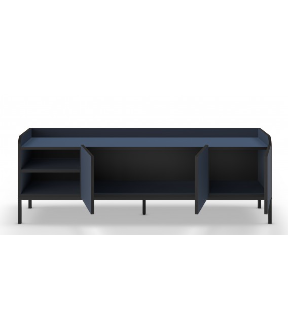 Mueble TV moderno azul y negro con 3 puertas y estantes abiertos.2