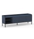 Mueble TV moderno azul y negro con 3 puertas y estantes abiertos.