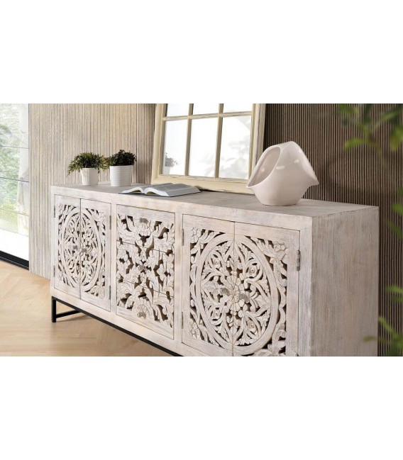 Aparador grande de madera tallada blanca, 4 puertas y 3 cajones.3