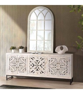 Aparador grande de madera tallada blanca, 4 puertas y 3 cajones. Mdmhogar