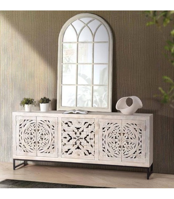 Aparador grande de madera tallada blanca, 4 puertas y 3 cajones. Mdmhogar