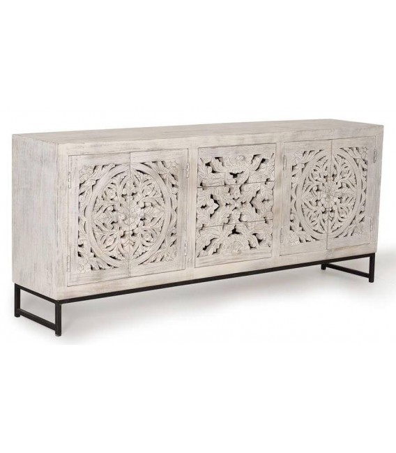 Aparador grande de madera tallada blanca, 4 puertas y 3 cajones.