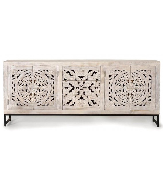 Aparador grande de madera tallada blanca, 4 puertas y 3 cajones.1