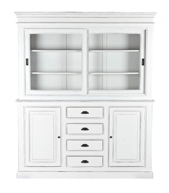 Vitrina blanca de madera maciza puertas de cristal acabado rústico.