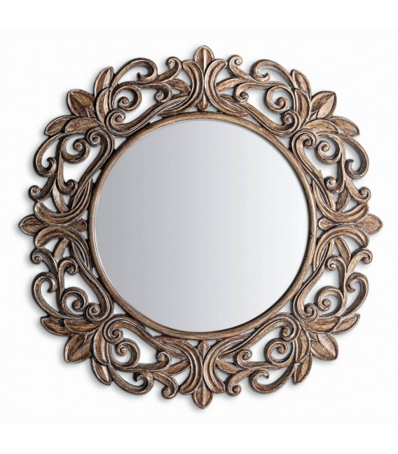 Espejo redondo grande marco tallado en marrón patinado estilo clásico. Mdmhogar