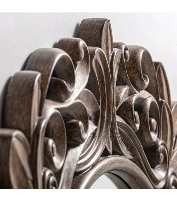 Espejo redondo grande marco tallado en marrón patinado estilo clásico.