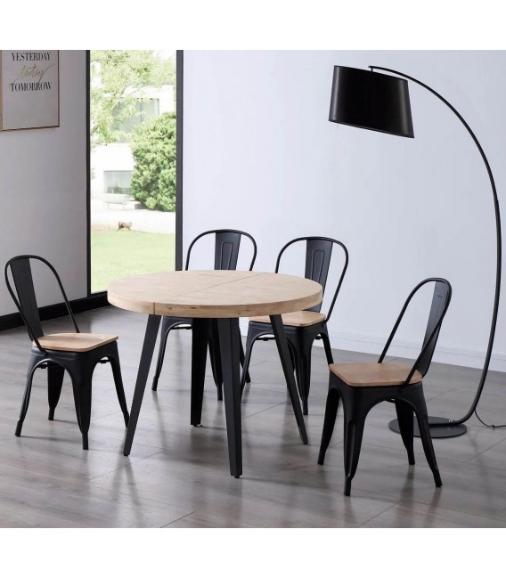 Mesa redonda extensible de roble y metal. Estilo industrial moderno. Mdmhogar