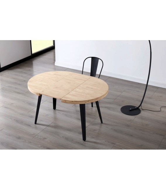 Mesa redonda extensible de roble y metal. Estilo industrial moderno.2