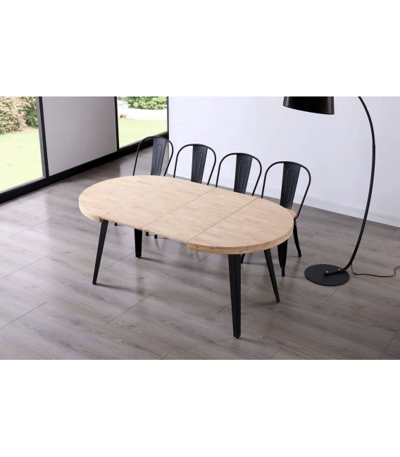 Mesa redonda extensible de roble y metal. Estilo industrial moderno.3