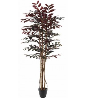 Planta artificial con tronco natural y hojas burdeos en maceta negra. Mdmhogar