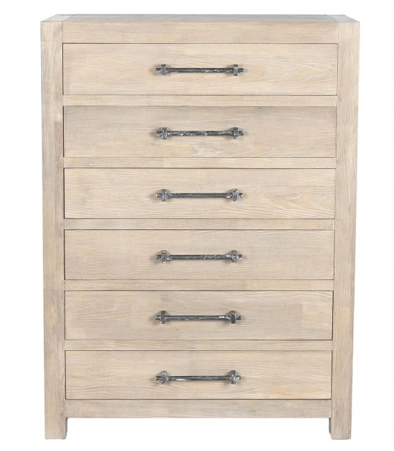 Sinfonier romántico con 6 cajones en madera natural y metal patinado.