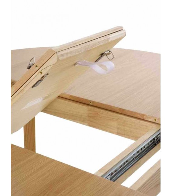 Mesa redonda extensible de madera estilo nórdico con acabado natural.6