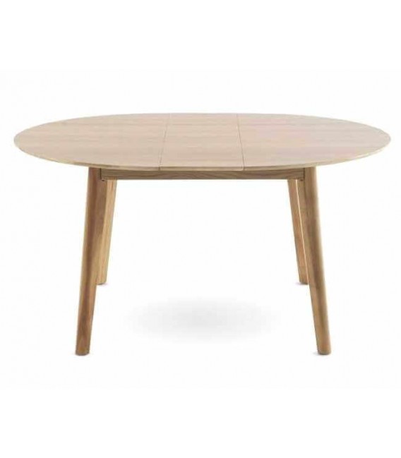 Mesa redonda extensible de madera estilo nórdico con acabado natural.3