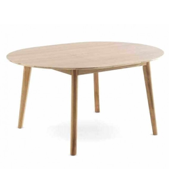 Mesa redonda extensible de madera estilo nórdico con acabado natural.1