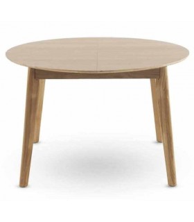 Mesa redonda extensible de madera estilo nórdico con acabado natural.
