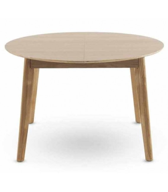 Mesa redonda extensible de madera estilo nórdico con acabado natural.