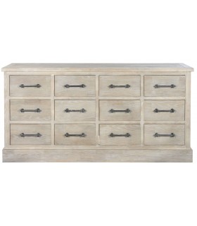 Cómoda de 12 cajones en madera natural con tiradores de metal gris.1