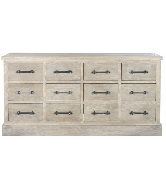 Cómoda de 12 cajones en madera natural con tiradores de metal gris.1