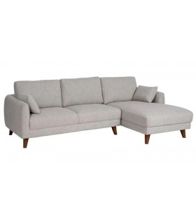 Sofá de 3 plazas con chaise longue en chenilla gris y patas de madera.1