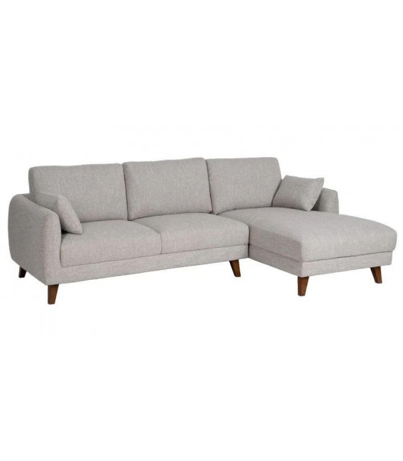 Sofá de 3 plazas con chaise longue en chenilla gris y patas de madera.1