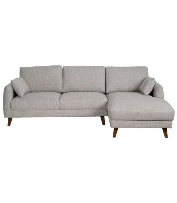 Sofá de 3 plazas con chaise longue en chenilla gris y patas de madera.1