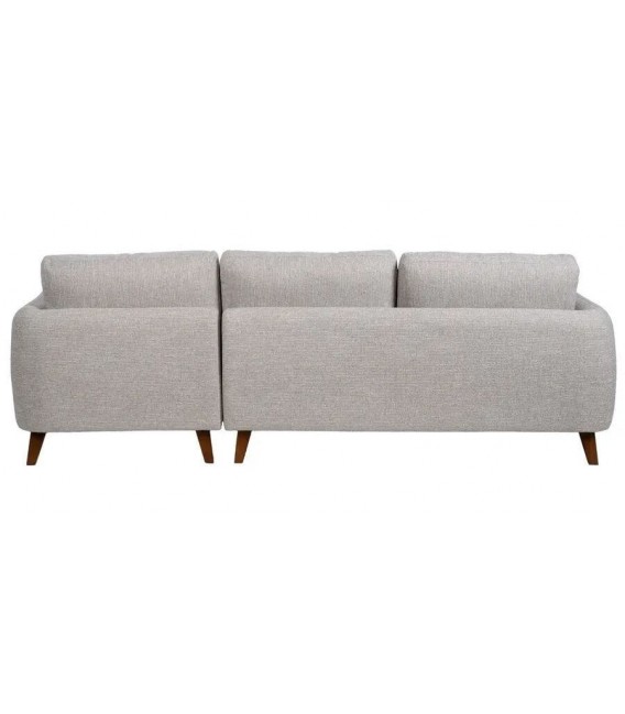 Sofá de 3 plazas con chaise longue en chenilla gris y patas de madera.2