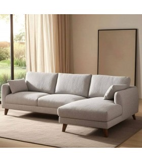 Sofá de 3 plazas con chaise longue en chenilla gris y patas de madera. Mdmhogar