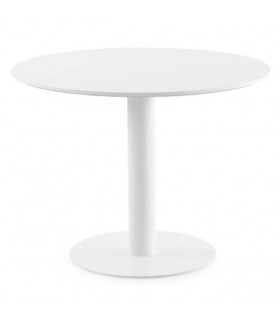 Mesa redonda blanca con pie central, estilo contemporáneo minimalista