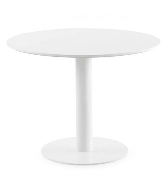 Mesa redonda blanca con pie central, estilo contemporáneo minimalista