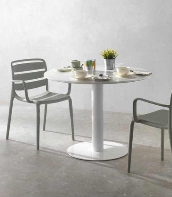 Mesa redonda blanca con pie central, estilo contemporáneo minimalista Mdmhogar