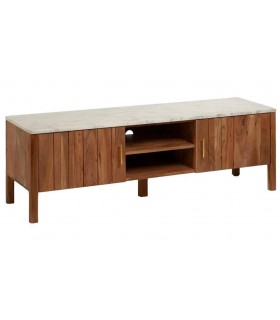 Mueble TV boho chic en madera natural con tapa de mármol blanco. Mdmhogar