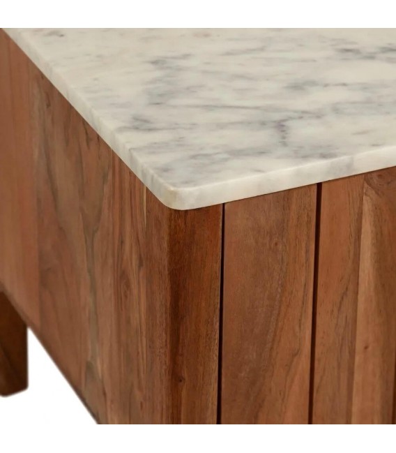 Mueble TV boho chic en madera natural con tapa de mármol blanco.1