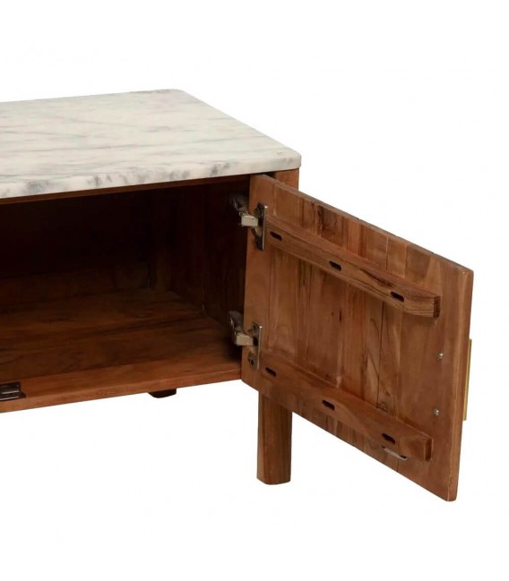 Mueble TV boho chic en madera natural con tapa de mármol blanco.2