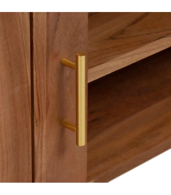 Mueble TV boho chic en madera natural con tapa de mármol blanco.3